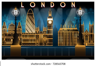 London attractions at night. Handmade drawing vector illustration. Art deco style.