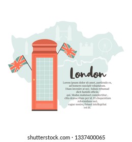 London background, design with red phone box on London map. Abstract vector illustration