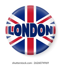 Crachá de Londres, logótipo, texto com bandeira britânica. Símbolo britânico. Ilustração vetorial.