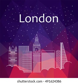 London for banner, poster, illustration, game, background. Vector background London - snow is falling. Night life of London. Hackathon, workshop, seminar, lecture in London. Holiday in London city