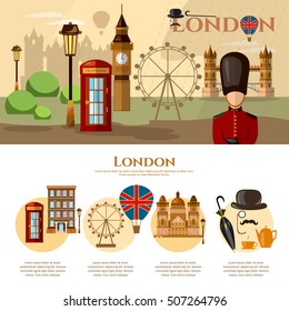 London banner United Kingdom concept. London elements and United Kingdom attractions. Travel to London vector illustration 