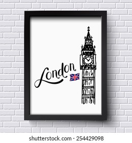 London and Big Ben clock tower with the Union jack vector illustration in a simple black frame hanging on a textured face brick wall, with copyspace. Vector illustration.