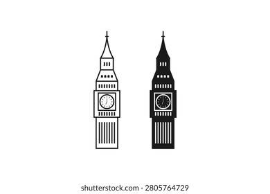London big ben clock tower outline and black silhouette graphic