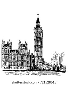 London Big Ben drawn by hand with a black pen, traced drawing of a famous building in England, view of the Parliament building