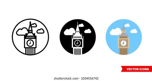 London big ben icon of 3 types: color, black and white, outline. Isolated vector sign symbol.