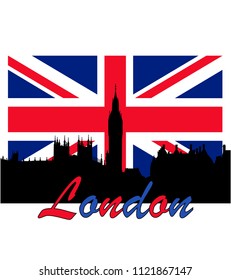 London and Big Ben on the background of the flag of Britain