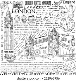 London with Big Ben and Tower Bridge. Illustration. Vintage design with hand drawn sketch. Line art style.