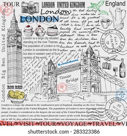 London with Big Ben and Tower Bridge. Illustration. Vintage design with hand drawn sketch. Line art style.