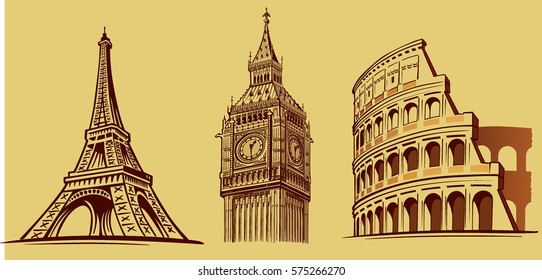 london big ben tower, roma colloseum, paris eiffel tower hand drawing