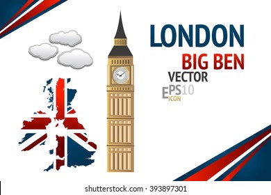 London Big Ben vector illustration with Great Britain map red and blue ribbon isolated on the white background