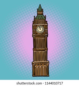 London Big Ben watch. Comic cartoon pop art retro vector illustration drawing