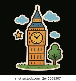 londres, bigben, ben, relógio, torre, bonito, divertido, arte, crianças, esboço, doodle, nuvem, árvore, estrela, reino unido, viajar, ícone, desenho animado, mão, desenhar, adesivo, linha, famoso, marco, cidade, simples