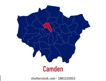 London Borough of  Camden map. The map is colored with the colours of the United Kingdom flag. The vector map is appropriate for prints of all sizes. An isolated map on white background.