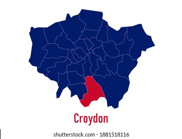 London Borough of  Croydon map. The map is colored with the colours of the United Kingdom flag. The vector map is appropriate for prints of all sizes. An isolated map on white background.