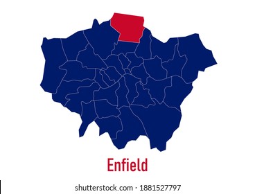 London Borough of  Enfield map. The map is colored with the colours of the United Kingdom flag. The vector map is appropriate for prints of all sizes. An isolated map on white background.