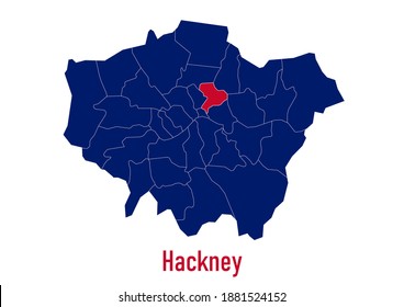 London Borough of Hackney map. The map is colored with the colours of the United Kingdom flag. The vector map is appropriate for prints of all sizes. An isolated map on white background.