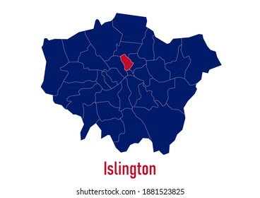 London Borough of  Islington map. The map is colored with the colours of the United Kingdom flag. The vector map is appropriate for prints of all sizes. An isolated map on white background.