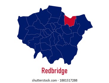 London Borough of  Redbridge map. The map is colored with the colours of the United Kingdom flag. The vector map is appropriate for prints of all sizes. An isolated map on white background.