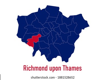 London Borough of  Richmond upon Thames map. The map is colored with the colors of the United Kingdom flag. The vector map is appropriate for prints of all sizes. An isolated map on white background.