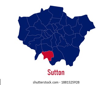 London Borough of  Sutton map. The map is colored with the colours of the United Kingdom flag. The vector map is appropriate for prints of all sizes. An isolated map on white background.