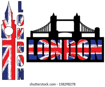 London bridge and Big Ben silhouettes. Grunge british flag.