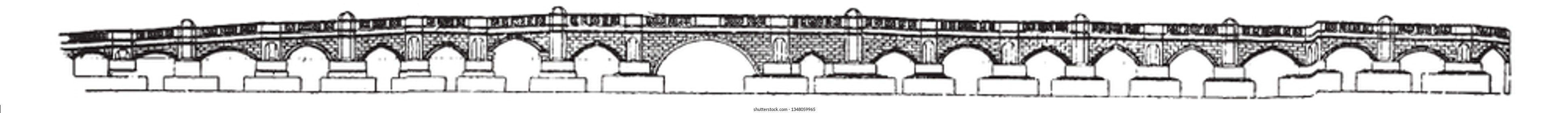 London Bridge have spanned the River Thames between the City of London and Southwark in central London, vintage line drawing or engraving illustration. svg