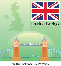 Clipart de la Ilustración vectorial del Puente de Londres, lugares de arte de fama mundial, el puente Las más populares en Inglaterra, Reino Unido Mapa y Arte vectorial de la bandera