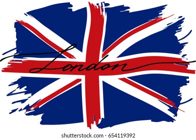 London british flag Great Britain handwritten text, vector. There are true colors of flag