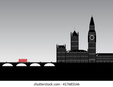 London. The building in London, the bridge and the red bus