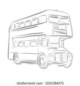 London Bus Black and White Sketch. Line Art drawing by hand. Travel design, architecture icon for greeting card, vector background.