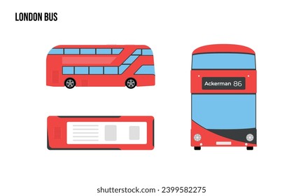 London Bus Flat design illustration, Public Vehicles , top view, side view, front view, isolated by white background