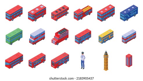 London bus icons set isometric vector. Decker double. Vehicle transport