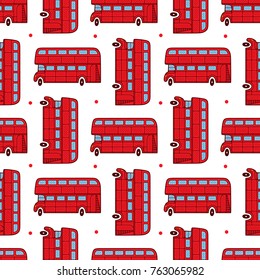 London bus. Seamless pattern. Illustration of a red double decker. Retro colorful hand drawn art.