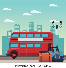 london bus and travel bags on the street over urban city buildings scenery background, colorful design , vector illustration
