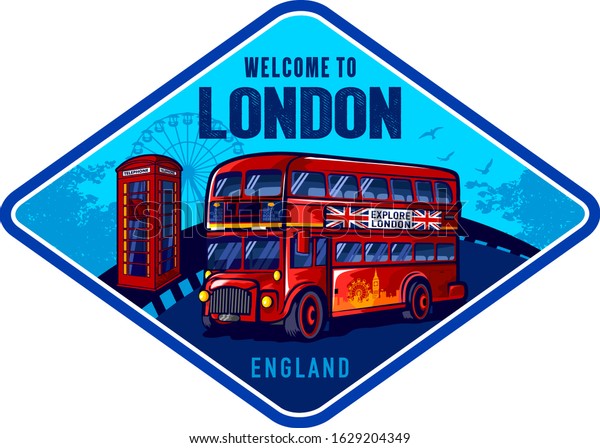 london bus. Travel to London poster design,
postage stamp, sticker,
banner.