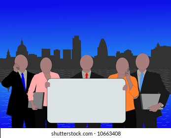London business team with blank sign and skyline