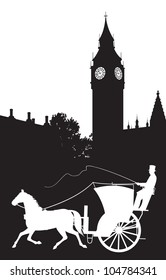 London  cab near Big Ban, United Kingdom Capital architecture landmark, Horse taxicab, hansom cab silhouette, vector image