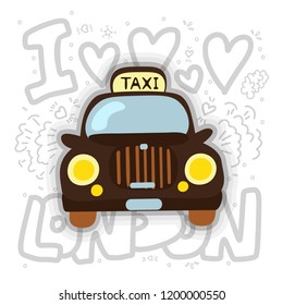 London Cab - Taxi Vector Illustration. London Taxi Cartoon Design With Decoration Elements. London Cab And Taxi Fun Icon Isolated