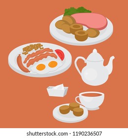 London cafe menu vector illustration. English breakfast, lunch and dinner plate with sausage, egg, becon and beans. Traditional Afternoon tea and toasted bread. Meat and sandwich.