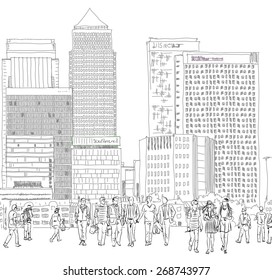 London, Canary Wharf. Business people wailing in the square. Sketch collection