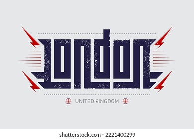 London - is the capital of Great Britain. Label or print for t-shirt. Original lettering with grunge effect and UK flag.