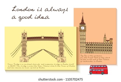 London card set with headline London is a good idea and different attractions on each card vector illustration