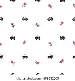 London cartoon cab cars and flowers seamless vector pattern. Traditional vehicles cute baby style for apparel and clothes.