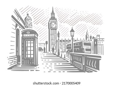 London City With Big Ben. Hand Drawn Line Sketch European Old Town.