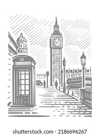 London city with Big Ben. Hand drawn line sketch European old town.