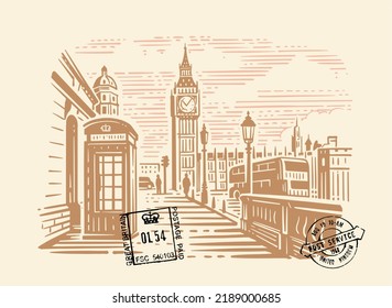 London city with Big Ben. Hand drawn line sketch European old town.