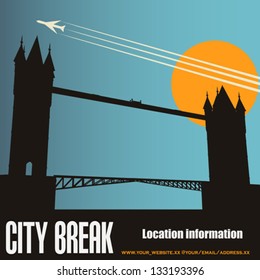 London City Break, vector background with Tower Bridge at sunset under a high flying jet