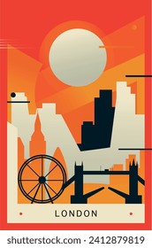 London city brutalism poster with abstract skyline, cityscape retro vector illustration. England UK cool travel guide cover, brochure, flyer, leaflet, business presentation template image