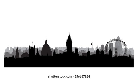 London city buildings silhouette. English urban landscape. London cityscape with landmarks. Travel Untied Kingdom skyline background.