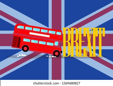 London city bus crashing with brexit word on united kingdom flag background. Brexit concept